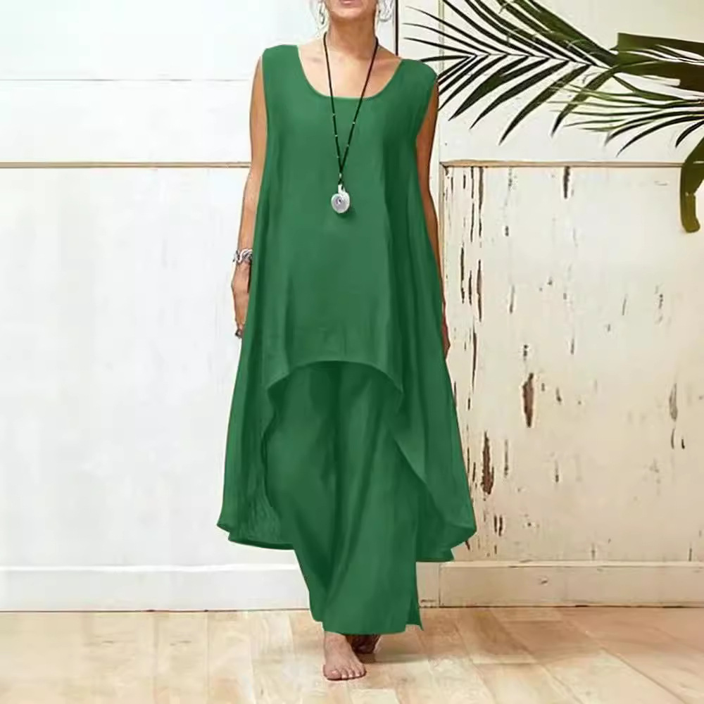 Women's Cotton-Linen Sleeveless Two-Piece Wide-Leg Pants Set