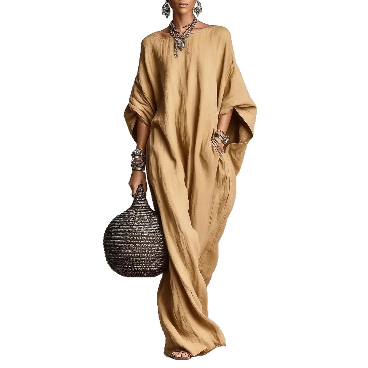 Women's Off-Shoulder Long Sleeve Solid Color Long Casual Dress