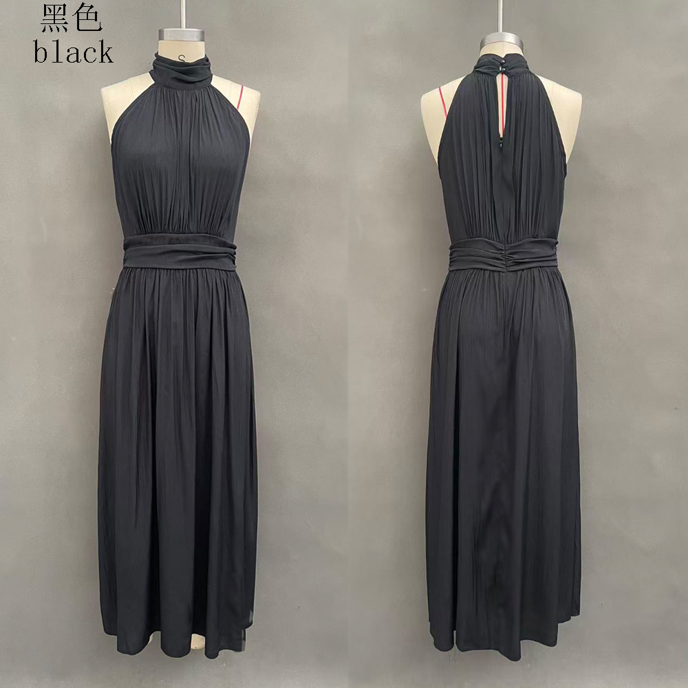 Women's Sleeveless Halter Neck Ruched Waist A-Line Long Dress