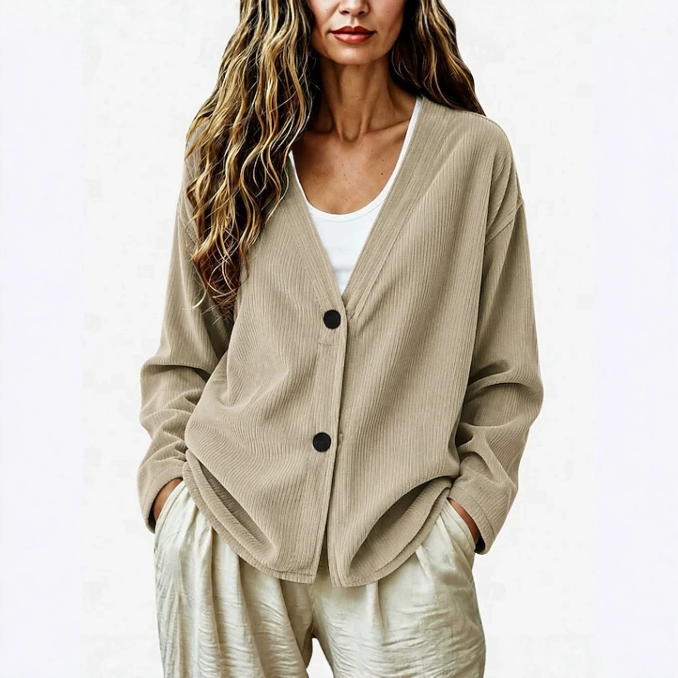 Women's Corduroy V-Neck Button-Front Long-Sleeve Cardigan