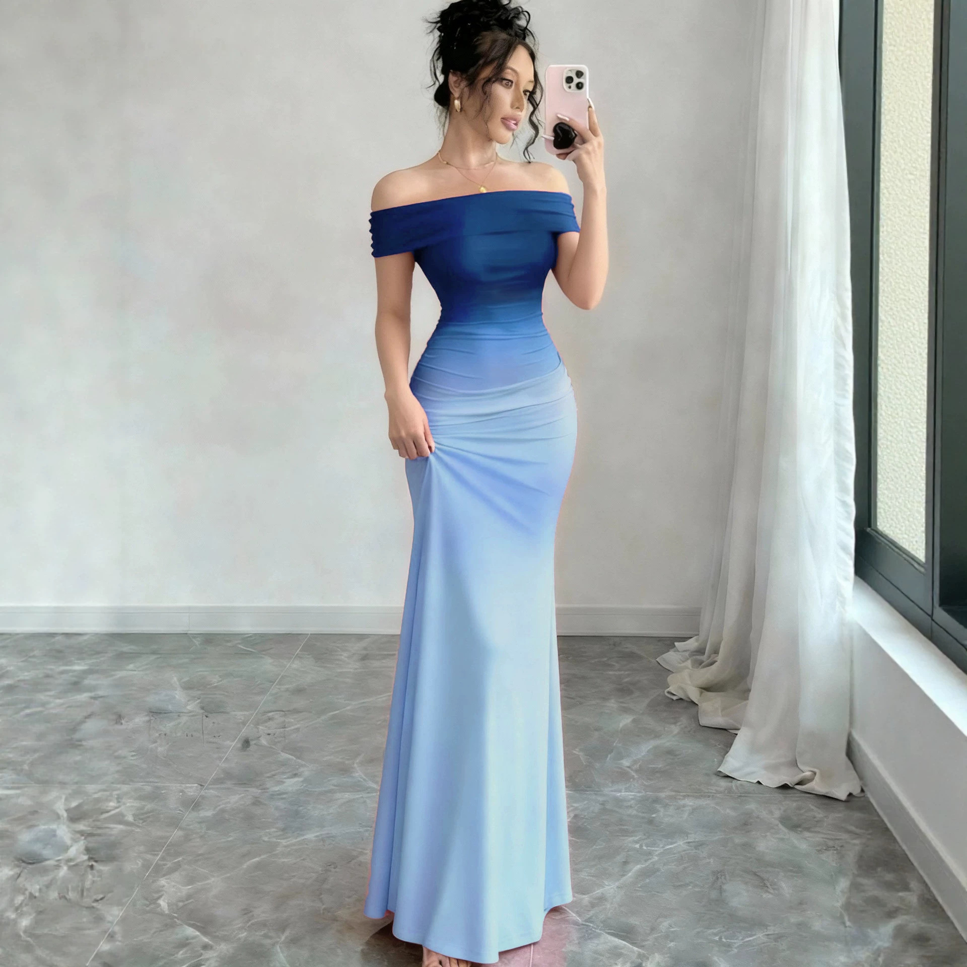 Gradient Off-Shoulder Short Sleeve Bodycon Long Dress
