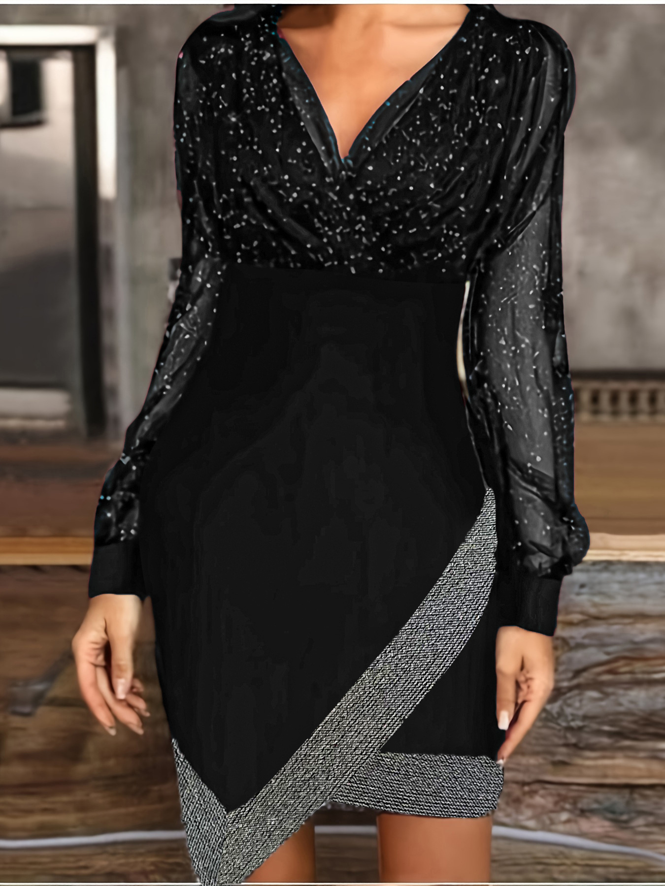 Mesh Sequin V-Neck Long Sleeve Bodycon Dress