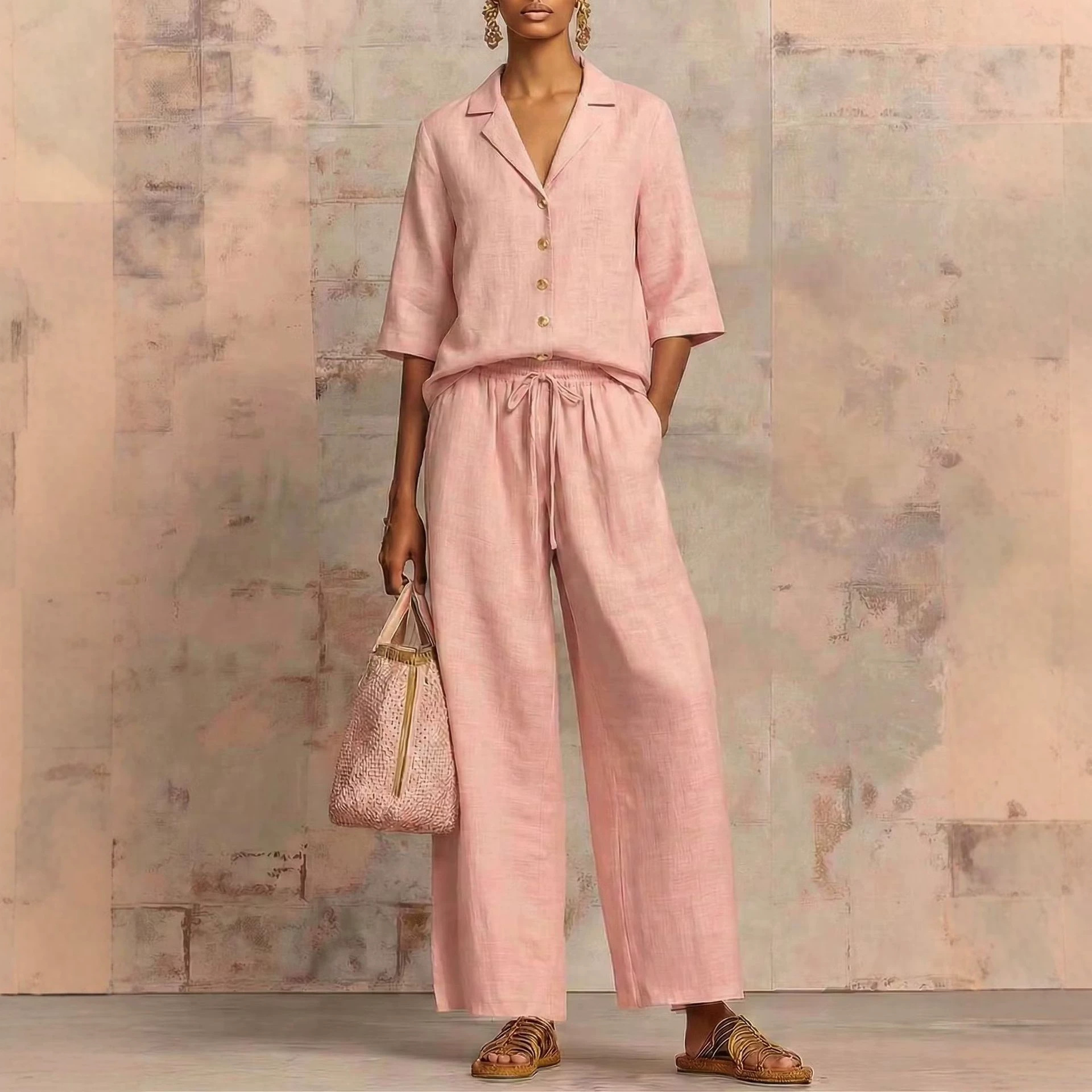 Women's Casual Solid Button Crew Neck Wide Leg Pants Set