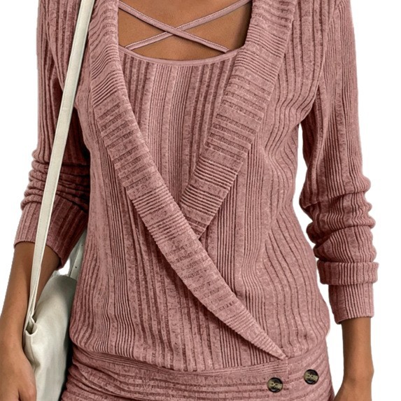 Women's Plus Size Cross Strap Faux Two-Piece Ribbed Knit Long Sleeve Top