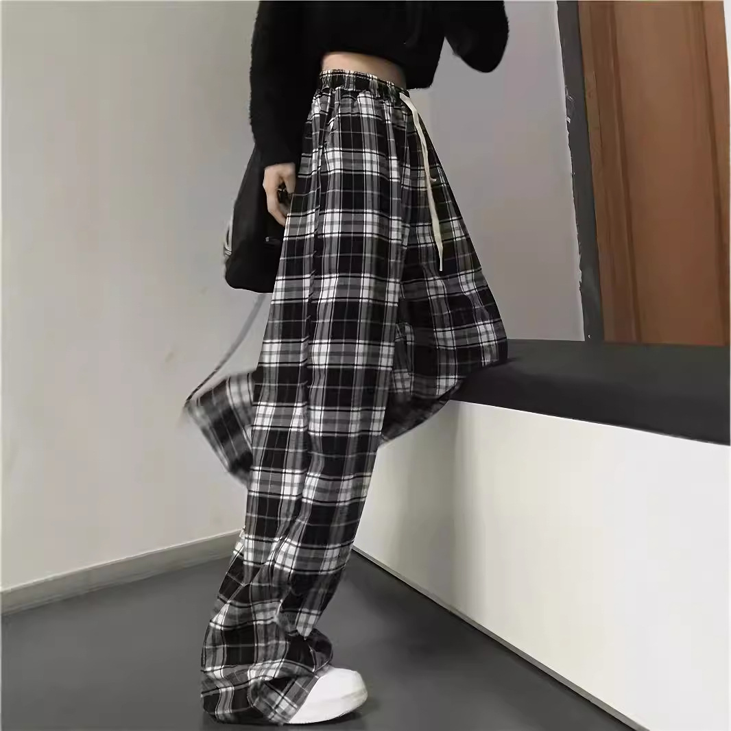 High-Waisted Straight-Leg Plaid Pants for Summer, Black and White