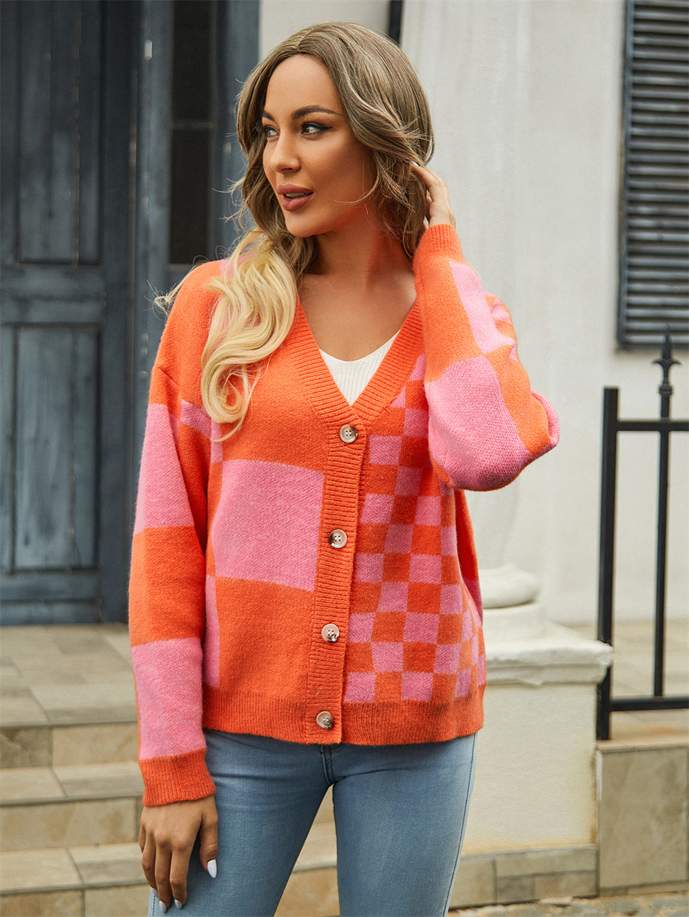 Women's Plaid Spliced Knit Cardigan Sweater Coat