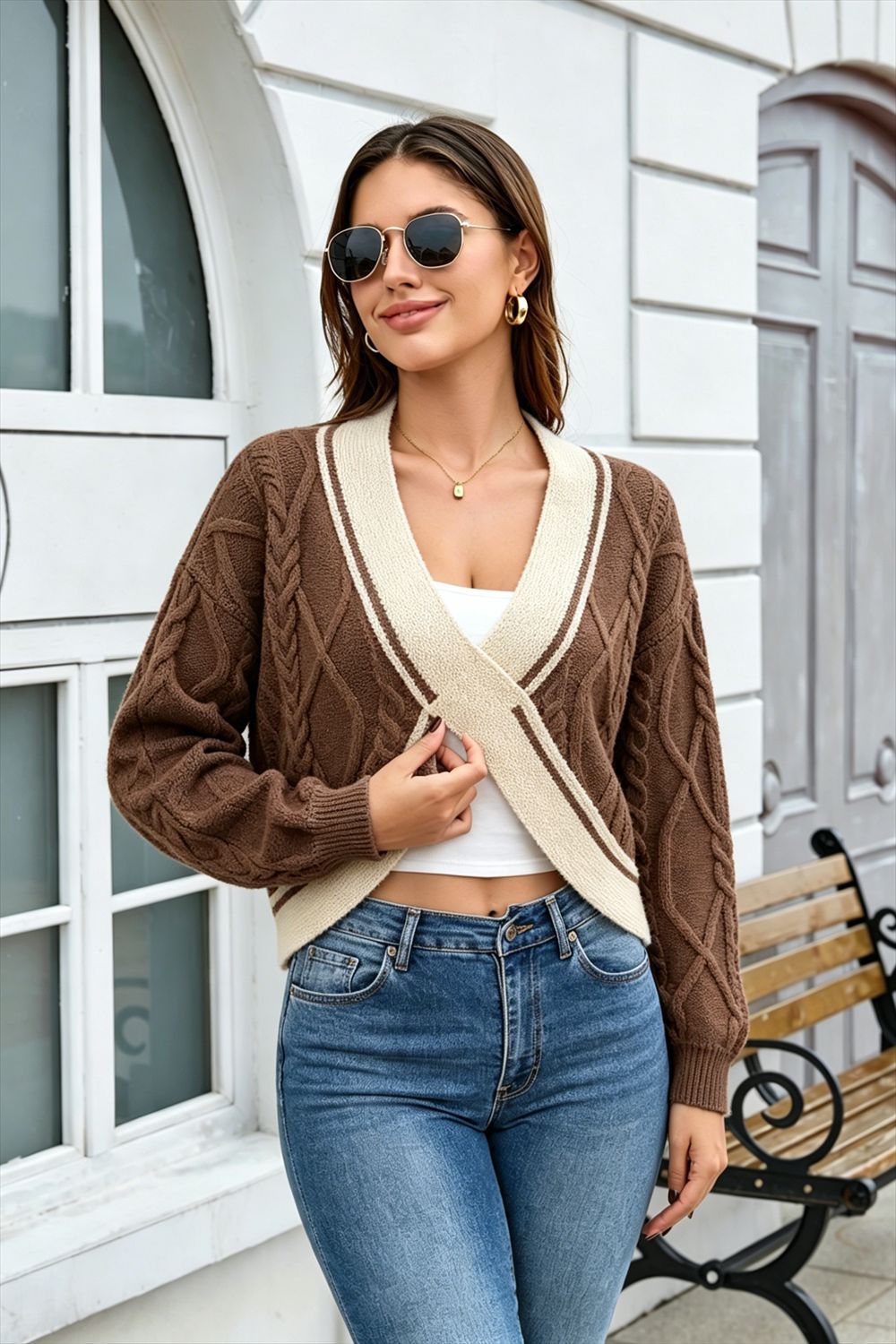 Women's Cropped Knit Sweater Colorblock V-Neck Pullover