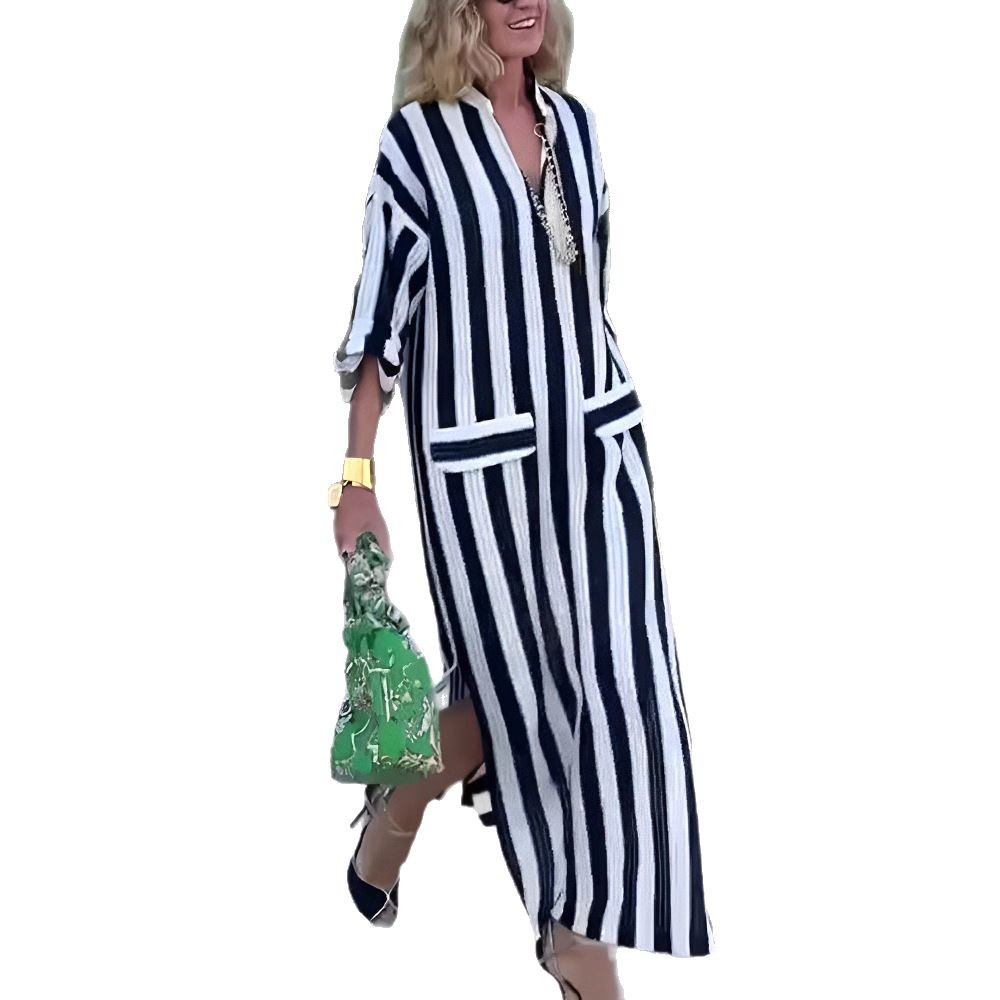 Striped Side Slit V-Neck Midi Dress