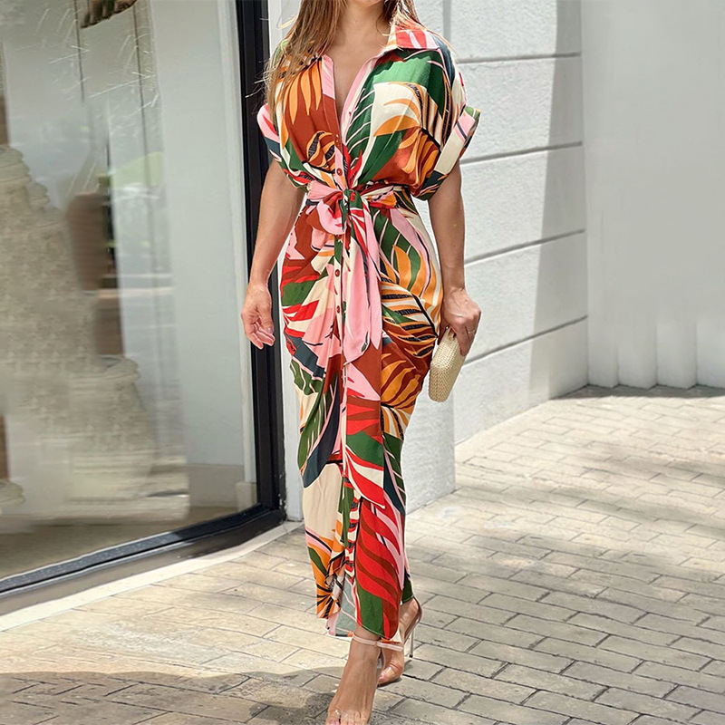 Women's Printed Collared High-Waist Shirt Dress