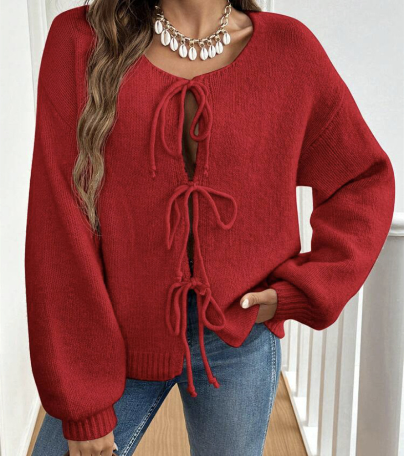 Women's Casual Loose Tie-Front Solid Knit Cardigan Sweater