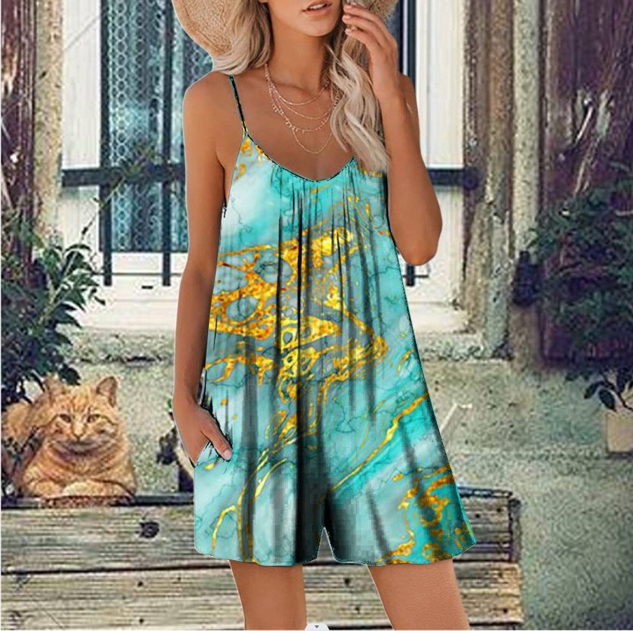 Women's Sleeveless Printed Romper with Pockets Casual Summer Shorts Jumpsuit