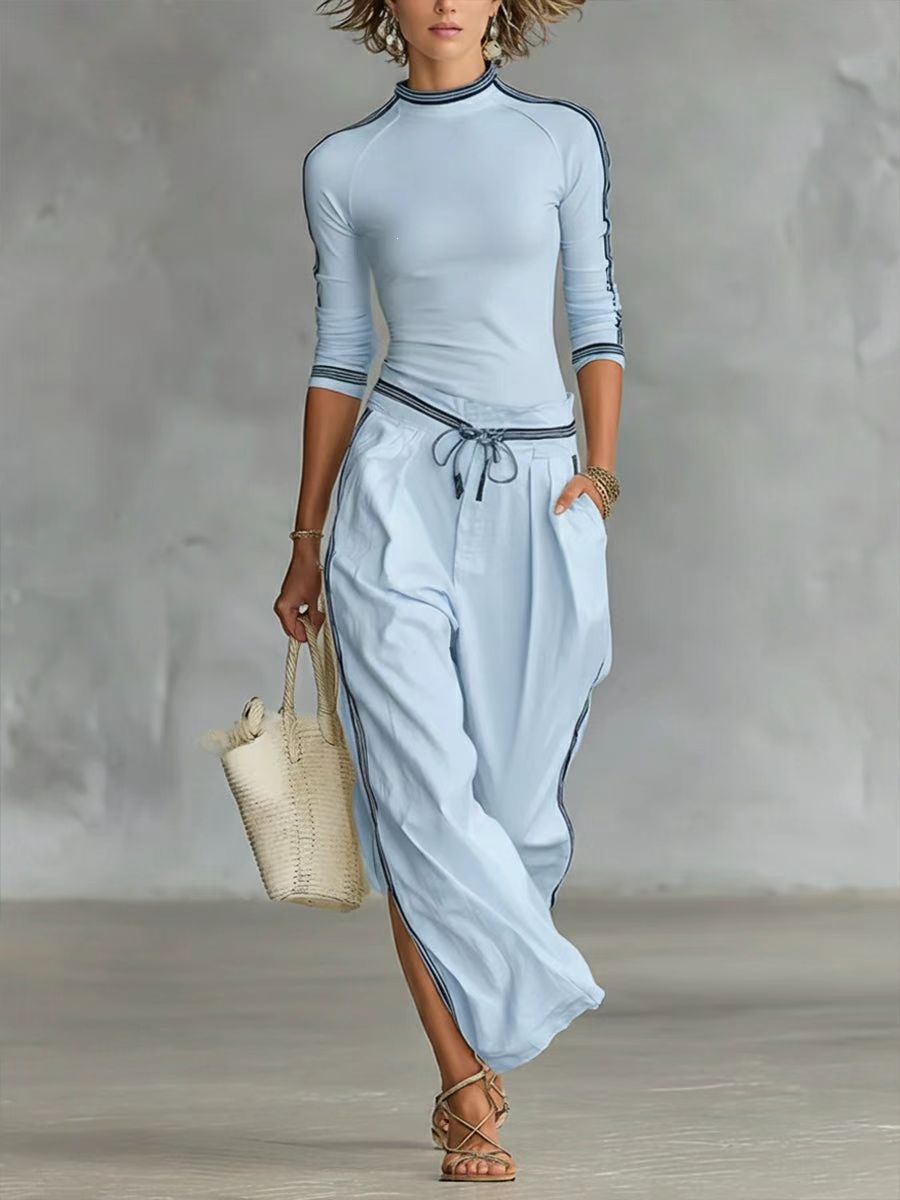 Striped Print Casual Two-Piece Top and Pants Set