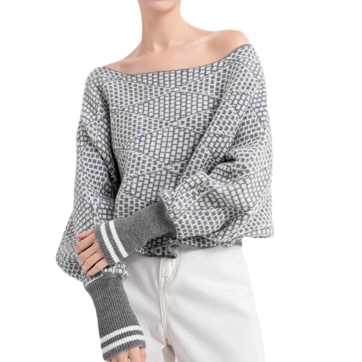 Off-Shoulder Plaid Wool Knit Sweater Long Sleeve Pullover