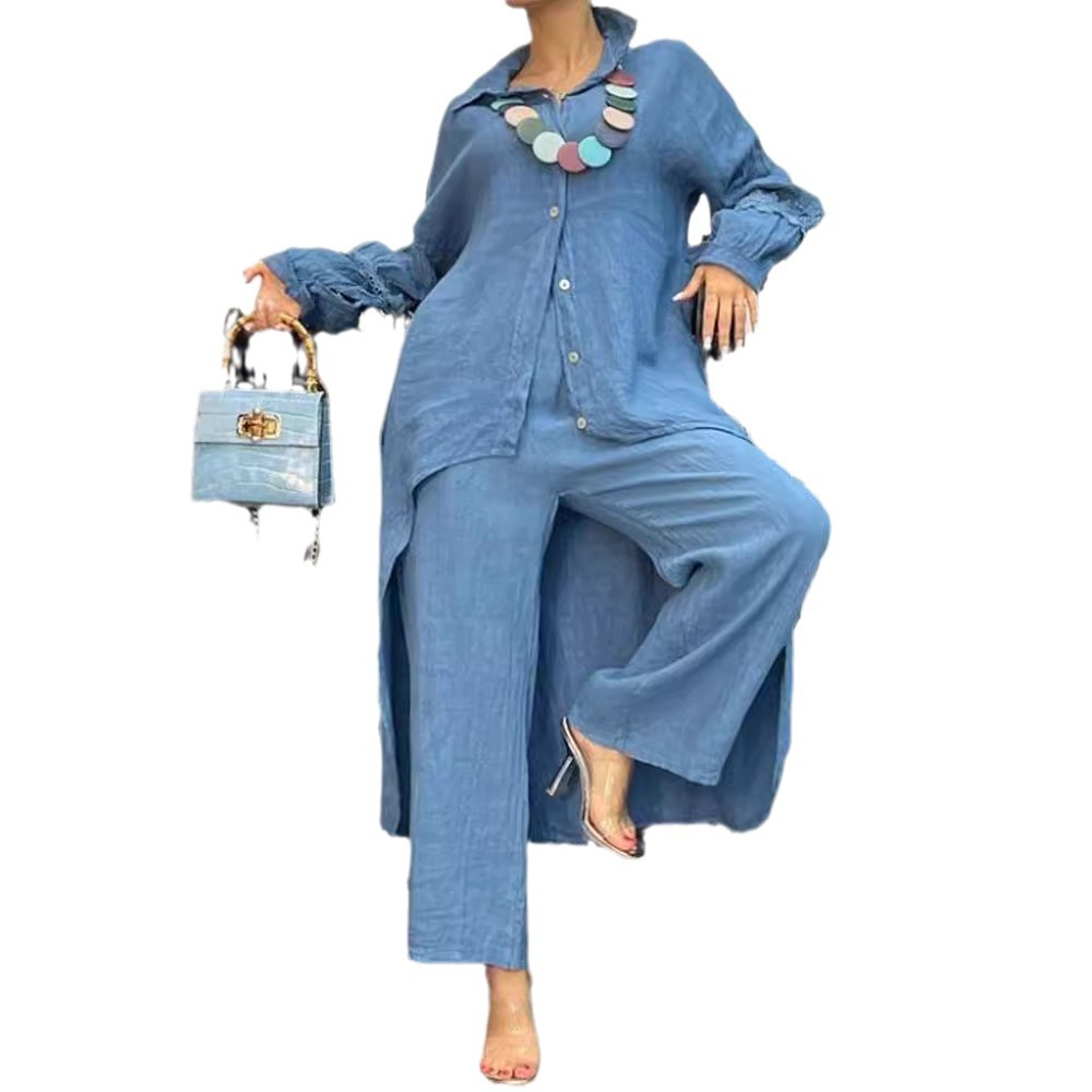Women's Asymmetrical Hem Long Sleeve Top and Pants Set