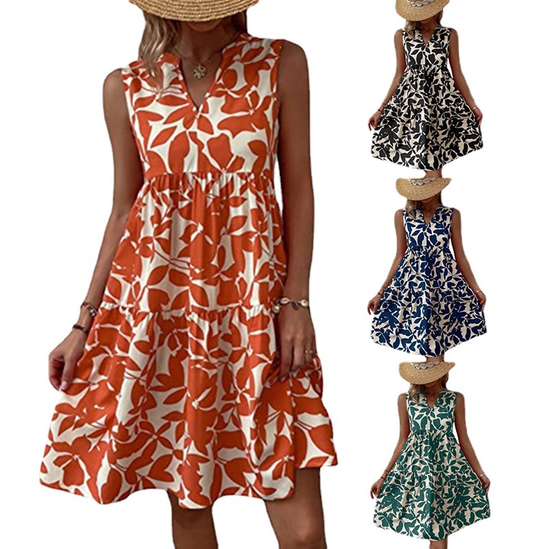 Women's Sleeveless V-Neck Floral Print Midi Dress