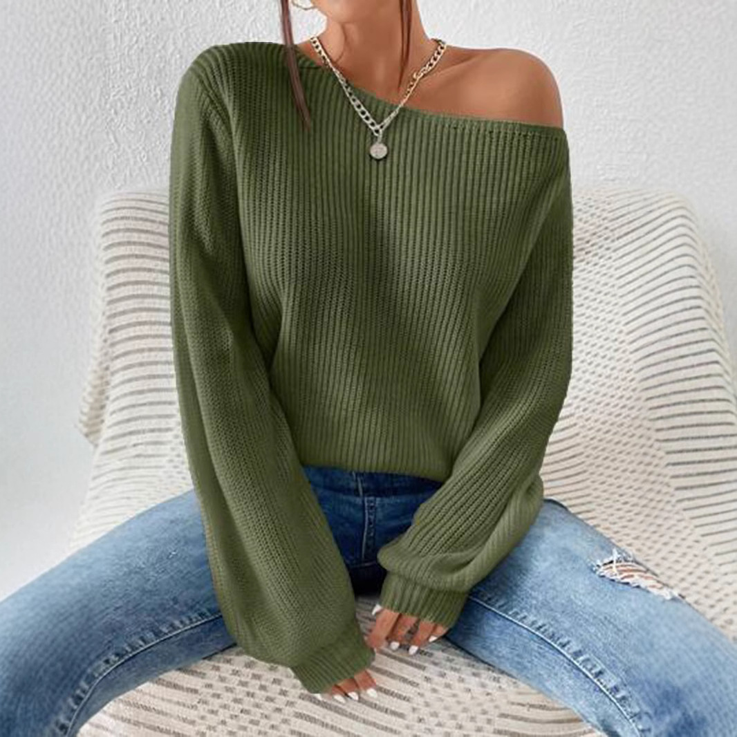 Off-Shoulder One-Line Neck Knit Sweater Solid Color Loose Casual Pullover
