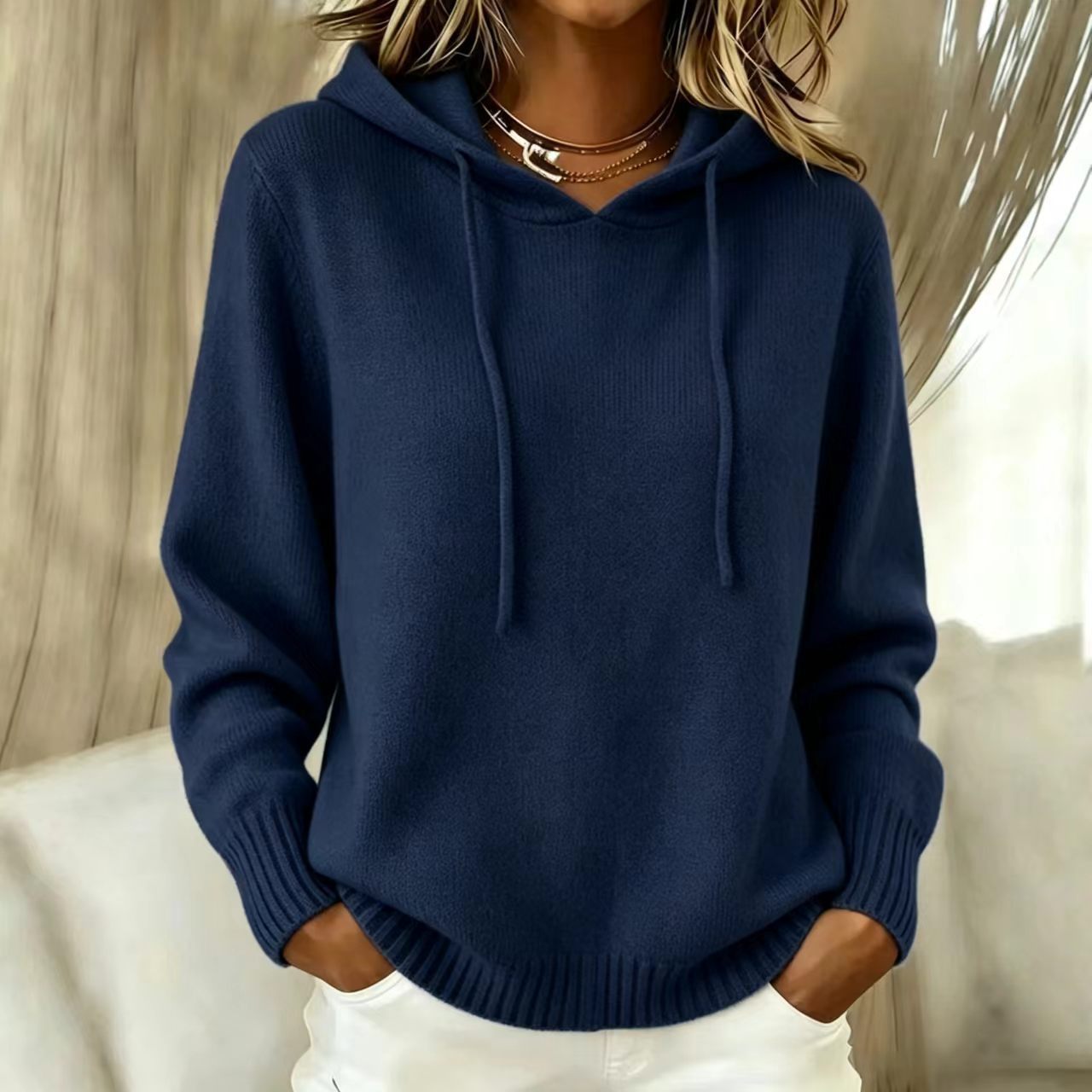 Women's Knit Hooded Pullover Sweater with Pockets Solid Color
