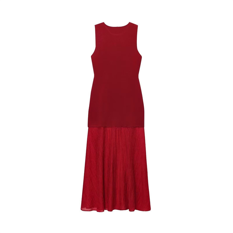 Women's Knit Spliced Midi Dress with Lapel Collar