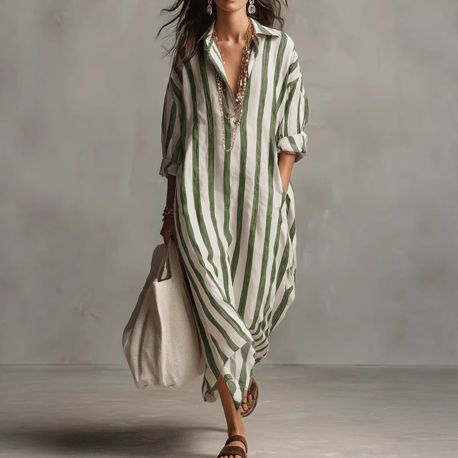 Striped V-Neck Long Dress Casual Commute Loose Fit