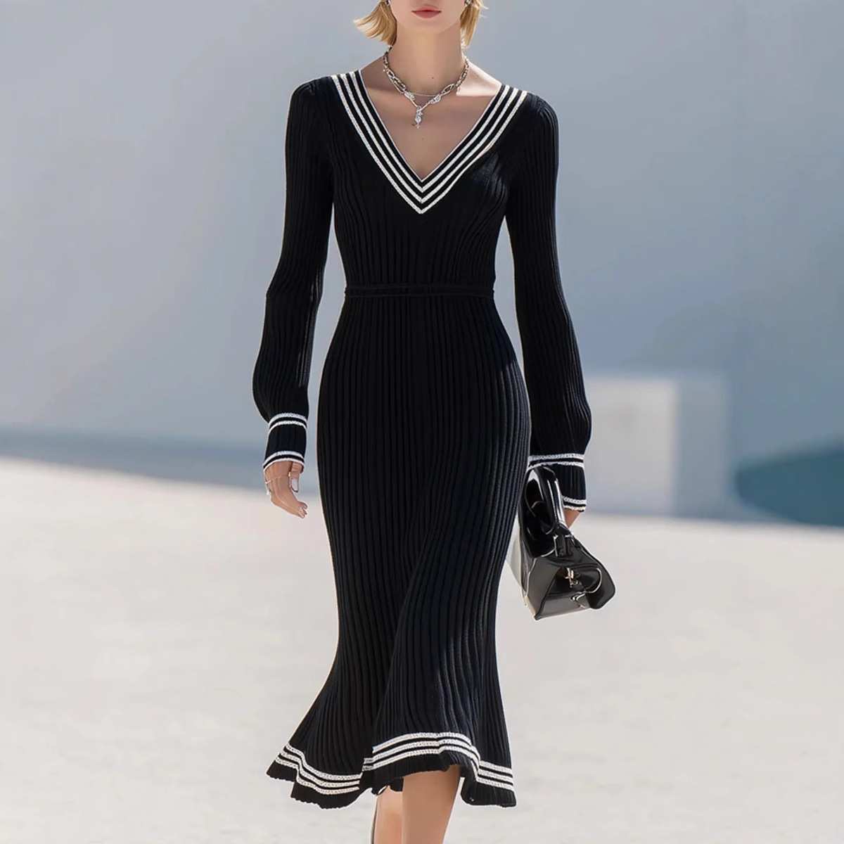 V-Neck Long Sleeve Ribbed Waist-Cinching A-Line Maxi Dress