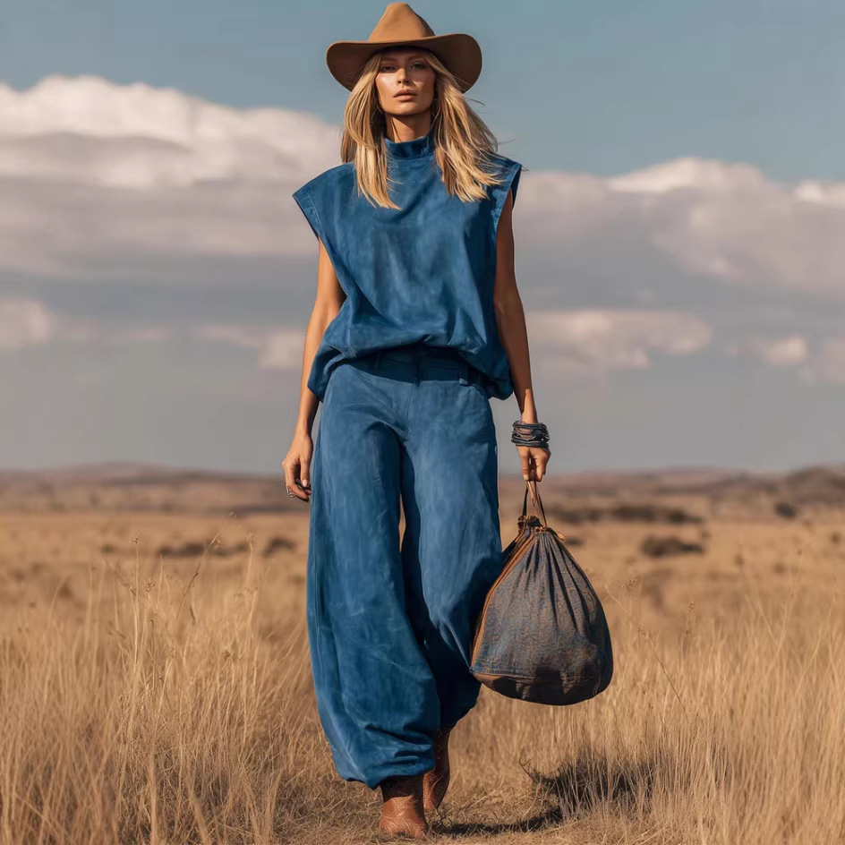 Western-Style Sleeveless Wide-Leg Jogger Suede Set