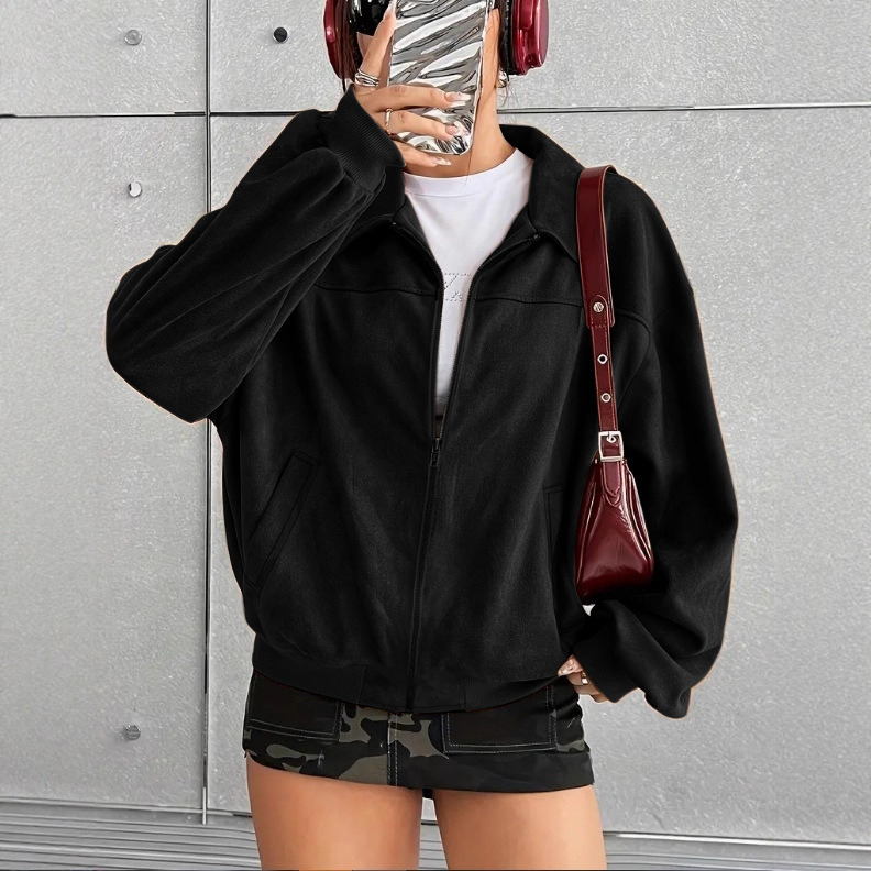 Women's Faux Suede Zip-Up Collared Jacket