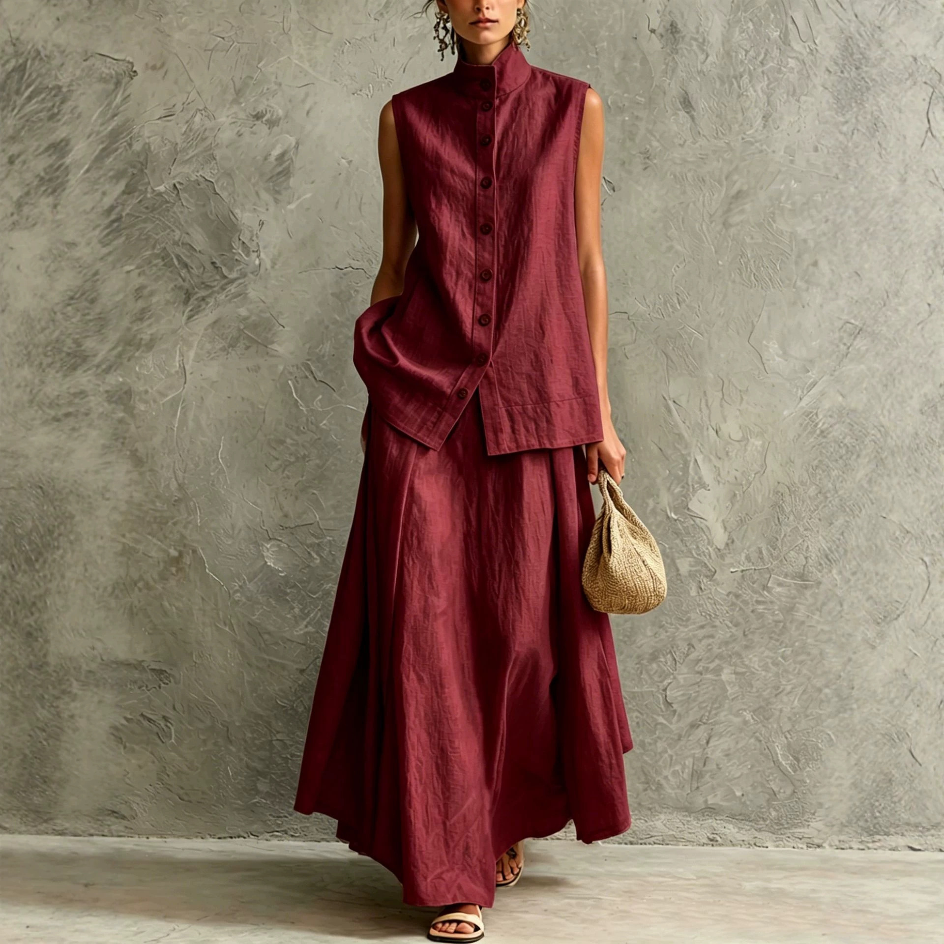 Women's Solid Color Button-Down Shirt and Midi Skirt Set