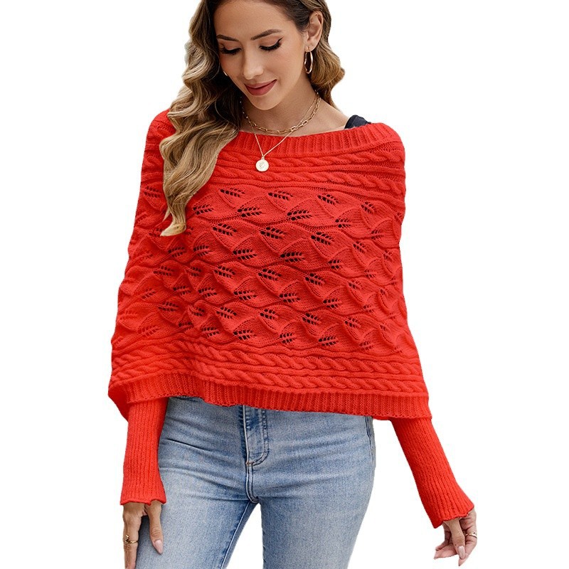 Women's Casual Knit Batwing Sleeve Hollow-Out Poncho Sweater