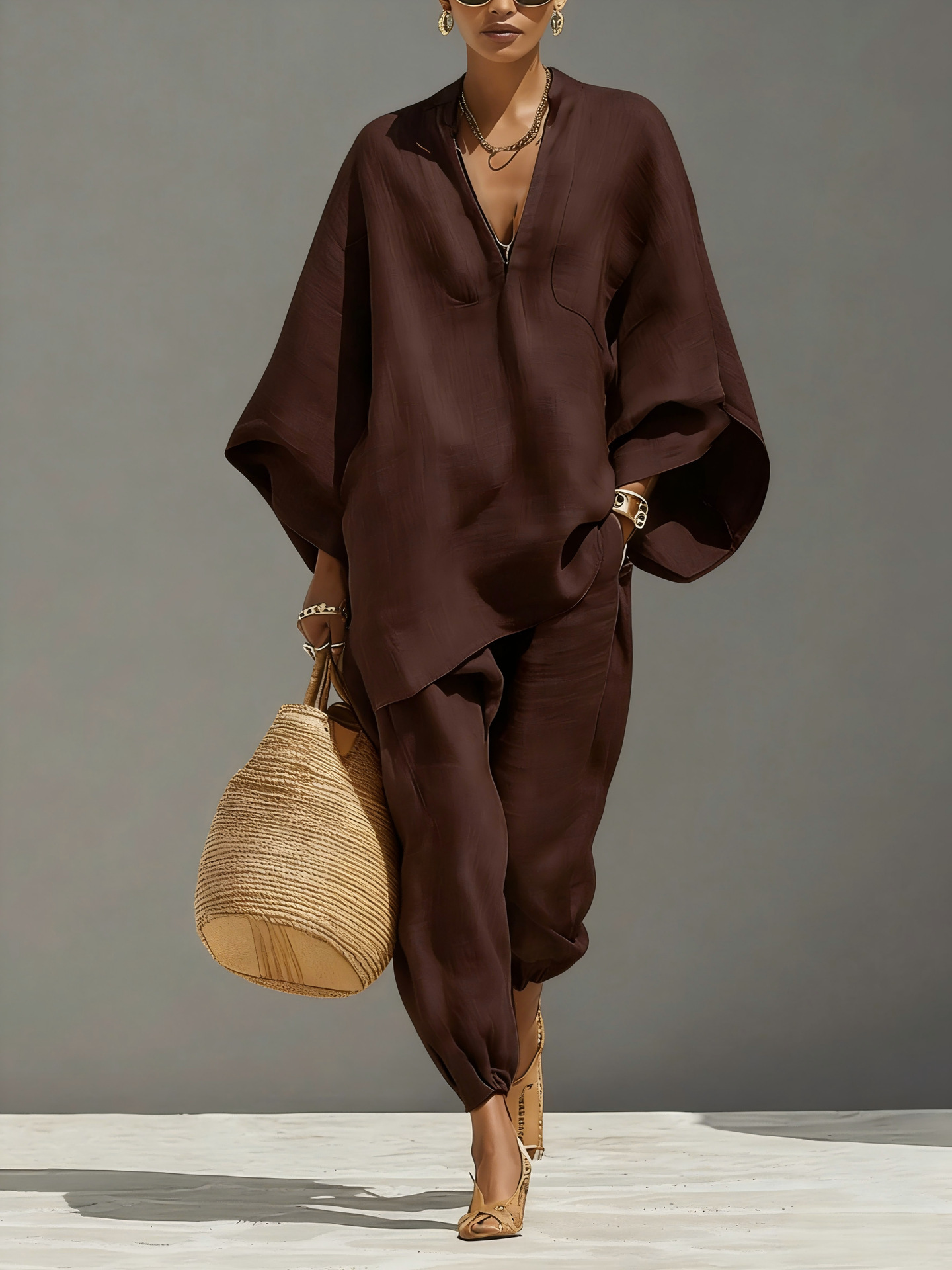 Women's Batwing Sleeve V-Neck Relaxed Two-Piece Set