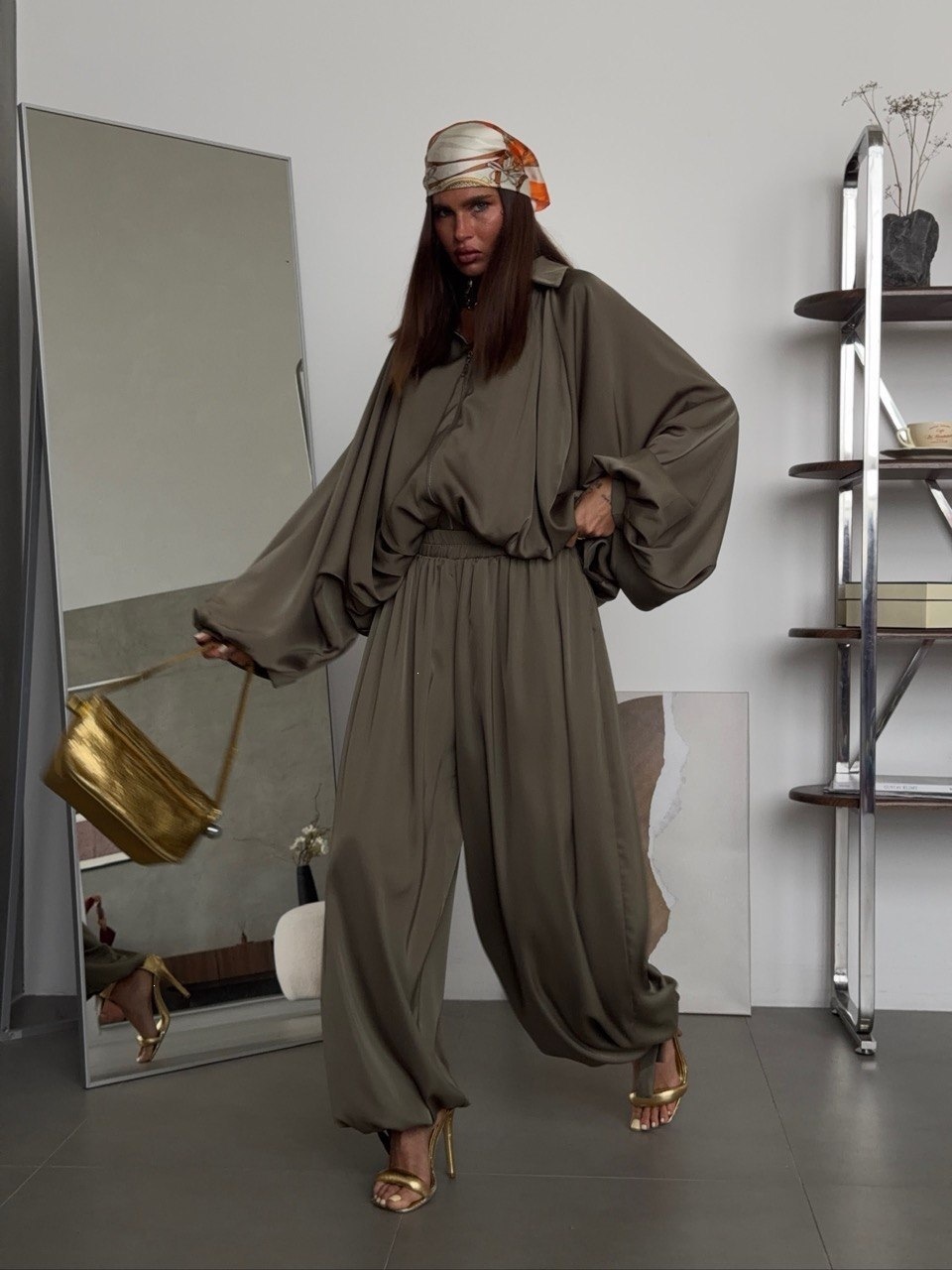 Acetate Satin Two-Piece Set with Collared Zip Top and Drawstring Jogger Pants