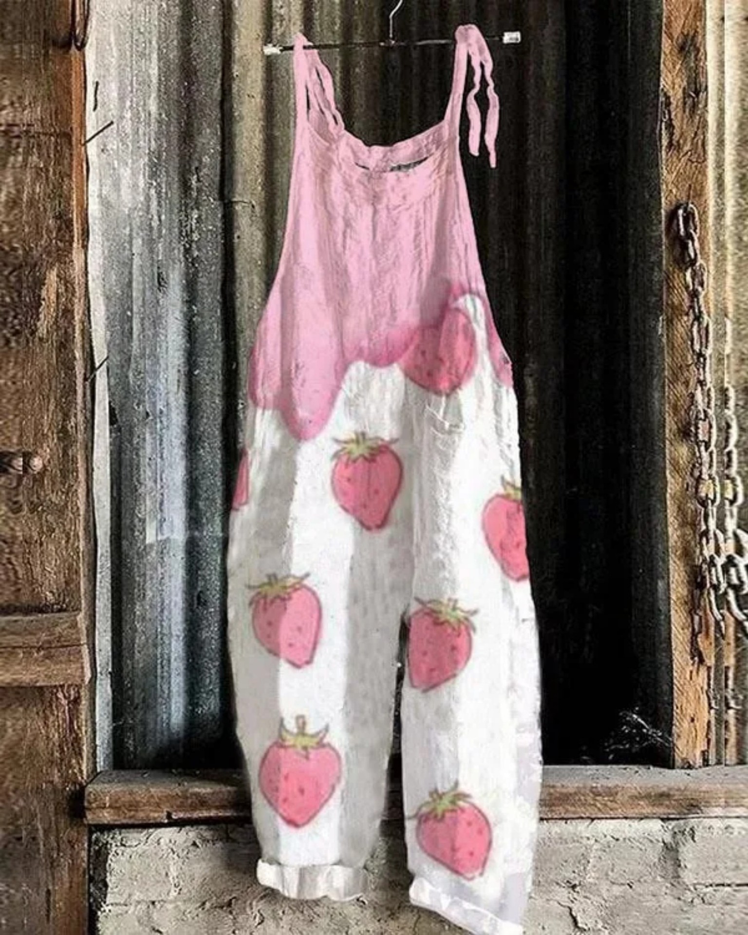 Women's Polka Dot Fruit Print Sleeveless Jumpsuit Casual Tie-Waist