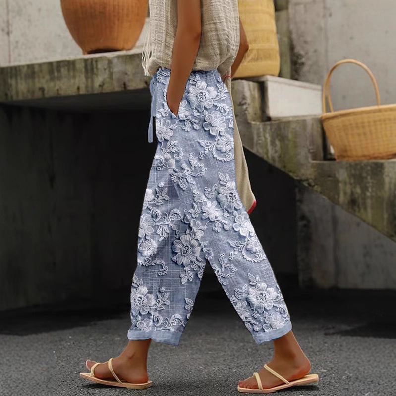 Women's Vintage Floral Print Straight-Leg Casual Pants