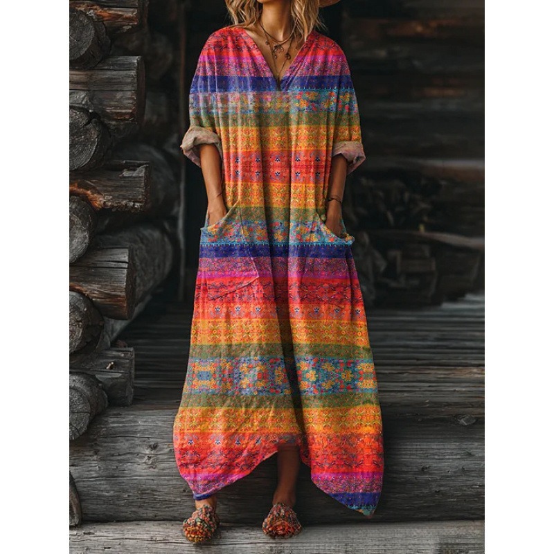 Women's Floral Ripple Print V-Neck A-Line Midi Dress Long Sleeve