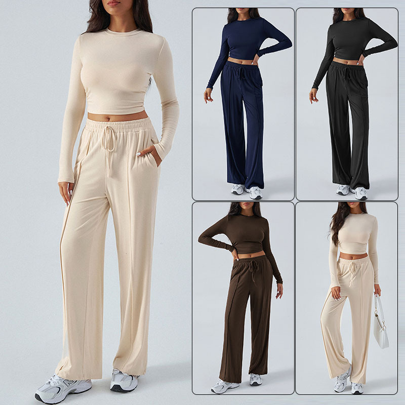 Y2K Long-Sleeve Wide-Leg Pant Set Casual Two-Piece Outfit