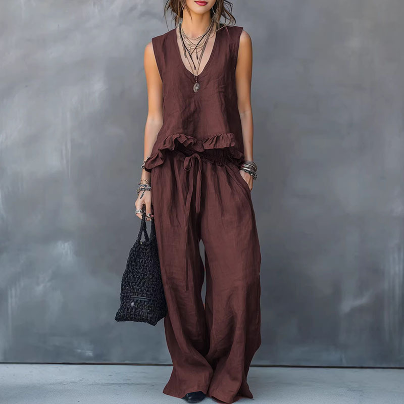 Sleeveless V-Neck Ruffle Top and Wide-Leg Pants Set