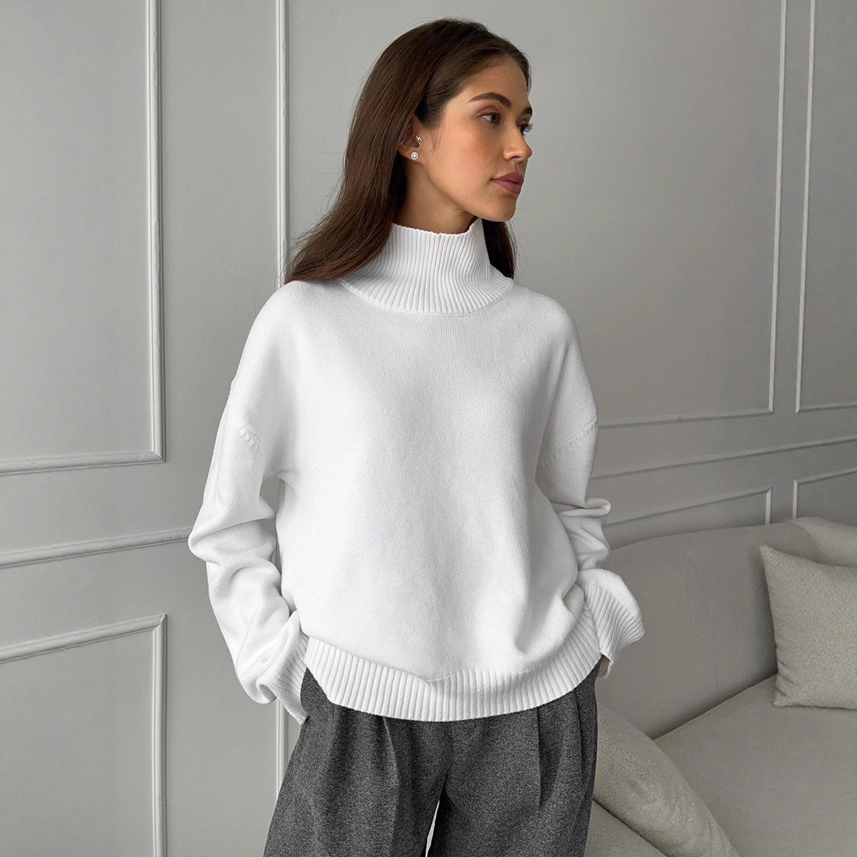 Women's Loose High Neck Solid Color Pullover Knit Sweater