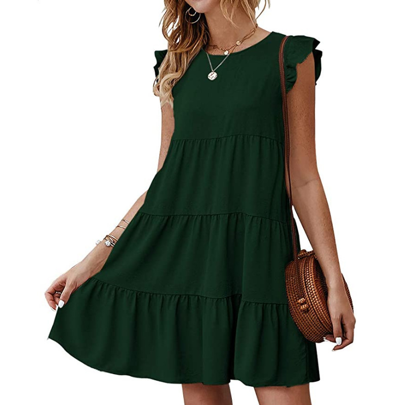 Women's Solid Crewneck Short Sleeve Tiered Ruffle Midi Dress