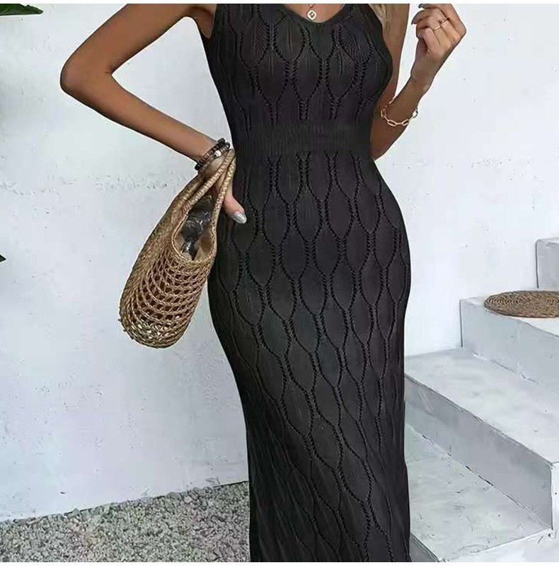 Women's Sleeveless V-Neck Hollow-Out Knit Beach Dress