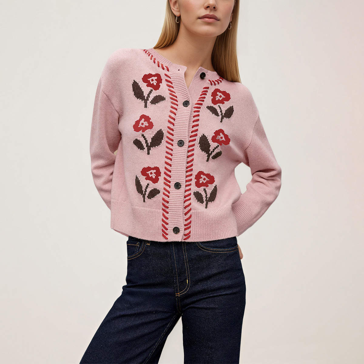Retro Floral Knit Cardigan Women's Crewneck Button Long Sleeve Sweater