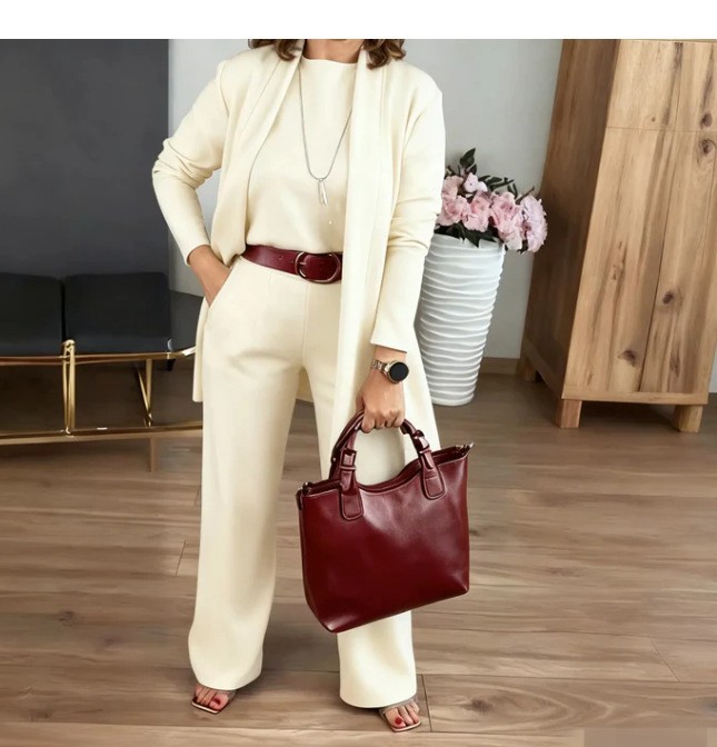 Women's Solid Color Round Neck Long Sleeve Top with Belt and Comfortable Pants 3-Piece Set