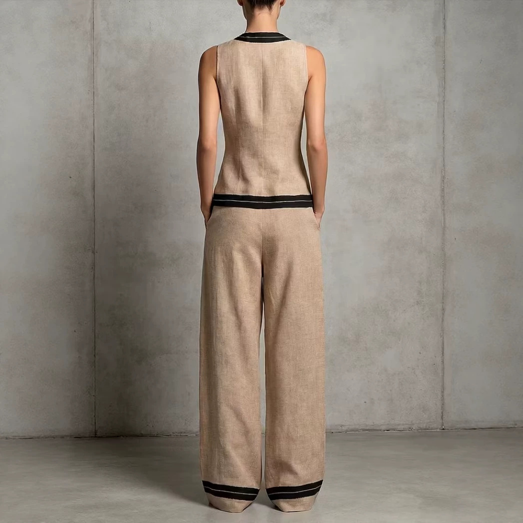 Women's V-Neck Sleeveless Top and High-Waist Wide-Leg Pants Set