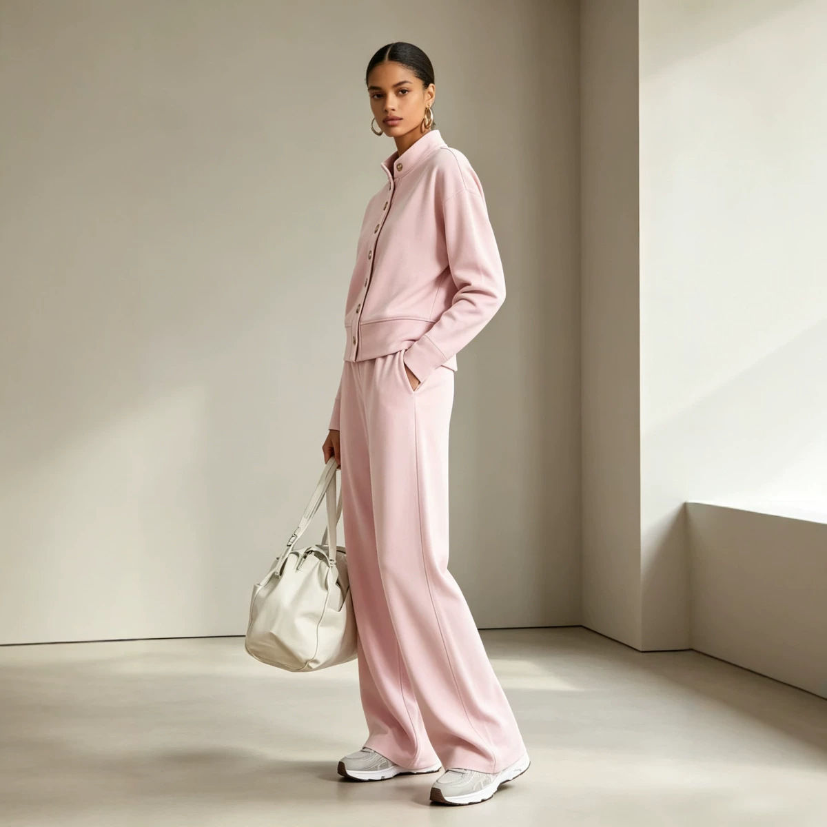 Women's Solid Stand-Collar Cardigan Hoodie & Wide-Leg Pants Set
