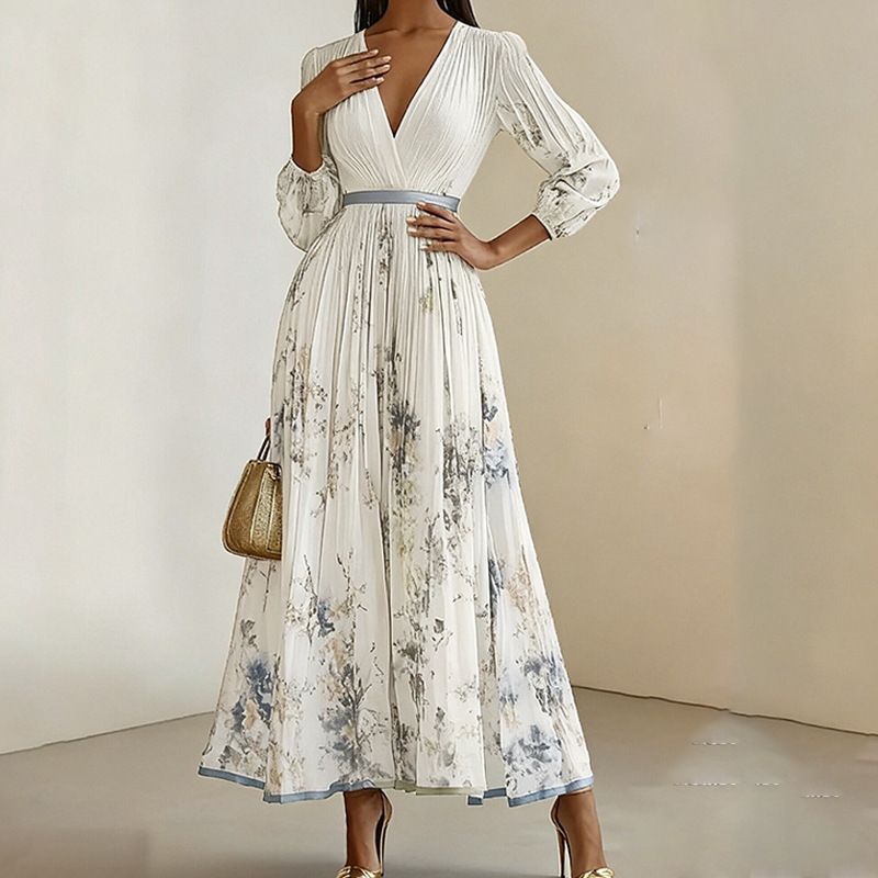 Elegant Floral Print V-Neck Waist-Cinching French Dress