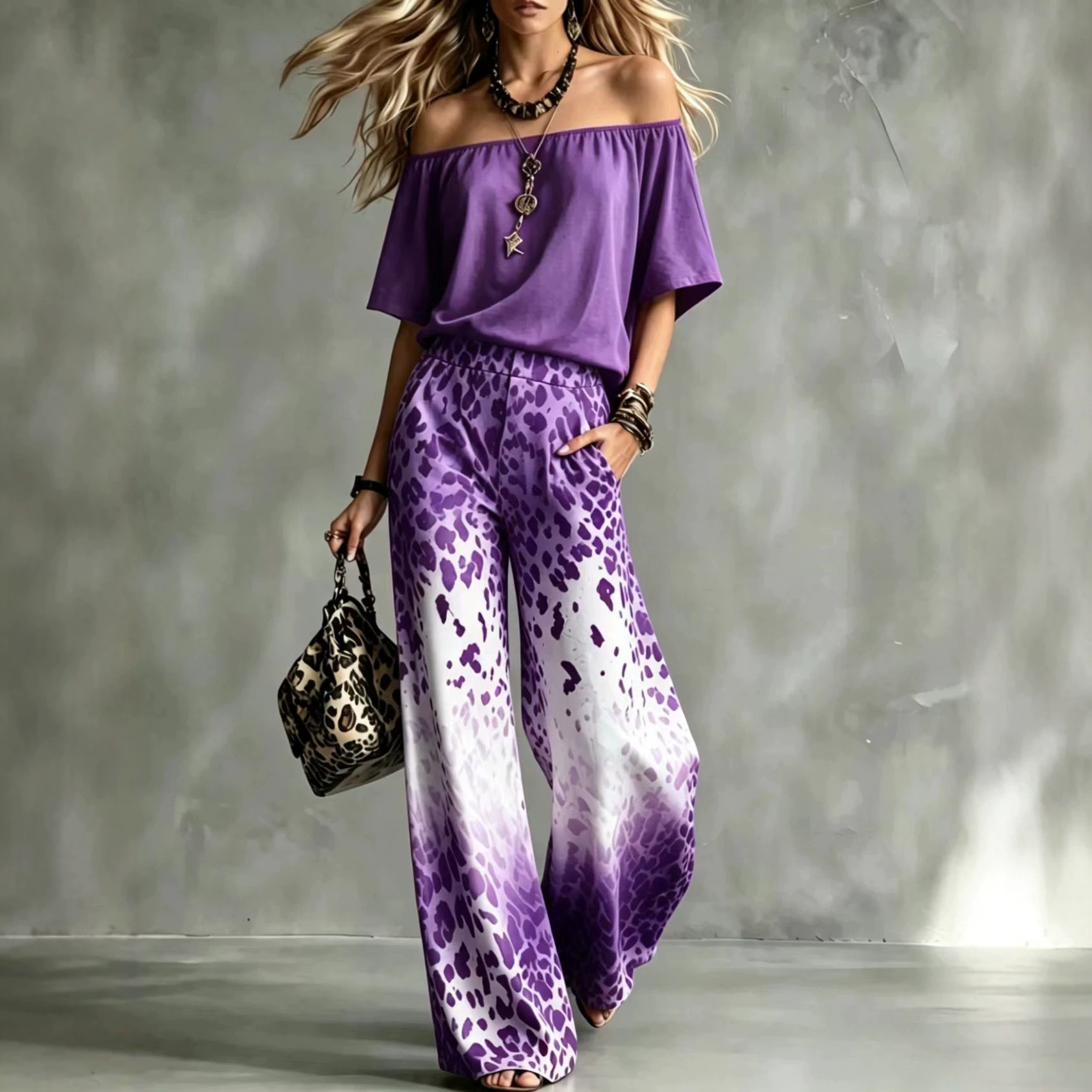 Leopard Gradient Off-Shoulder Top & Wide-Leg Pants Set