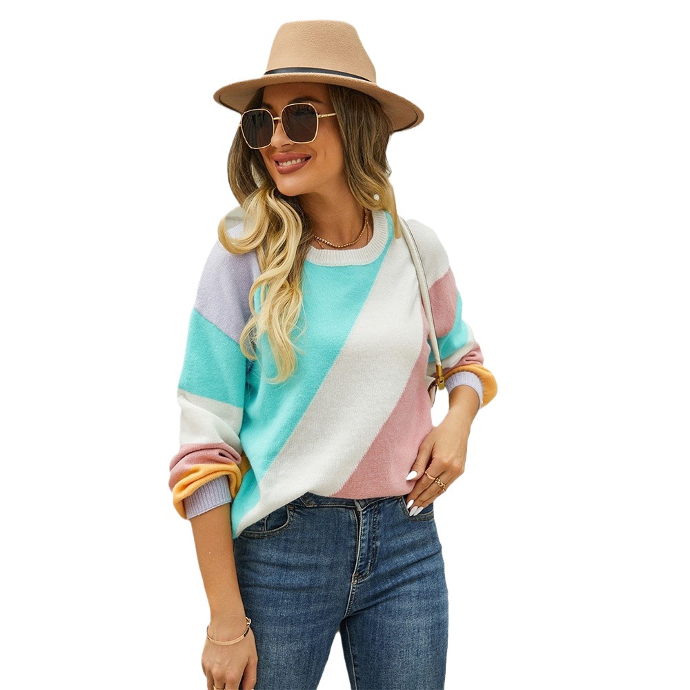 Striped Color-Block Crewneck Pullover Sweater