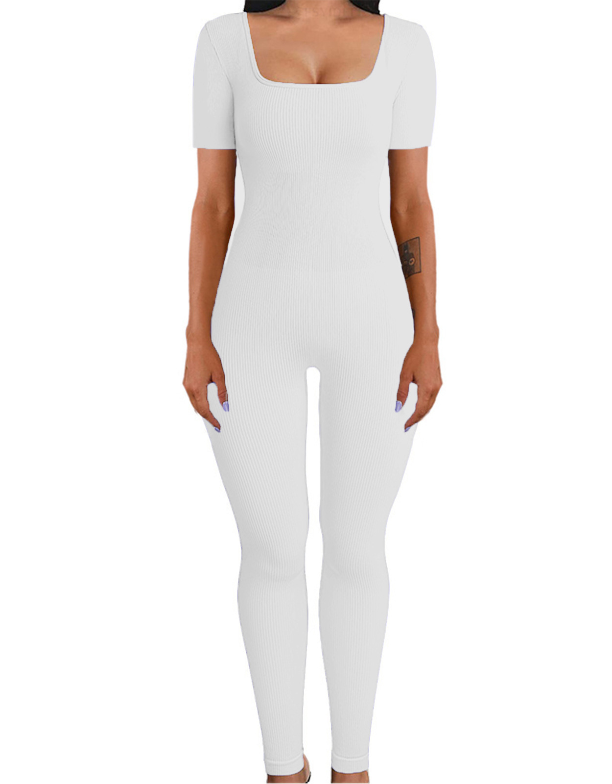 Ribbed Square Neck Butt-Lifting Slim Fit Yoga Jumpsuit for Women