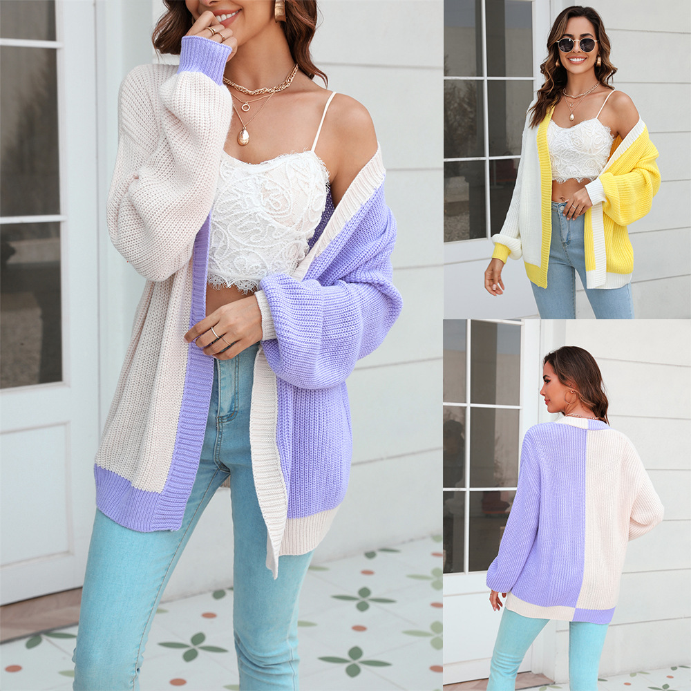 Colorblock Knit Cardigan Loose Fit Long Sleeve Women's