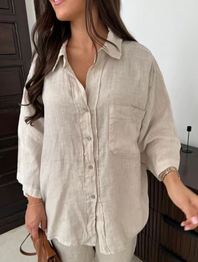 Women's Cotton-Linen Shirt and Pants Set Casual Commuter Two-Piece