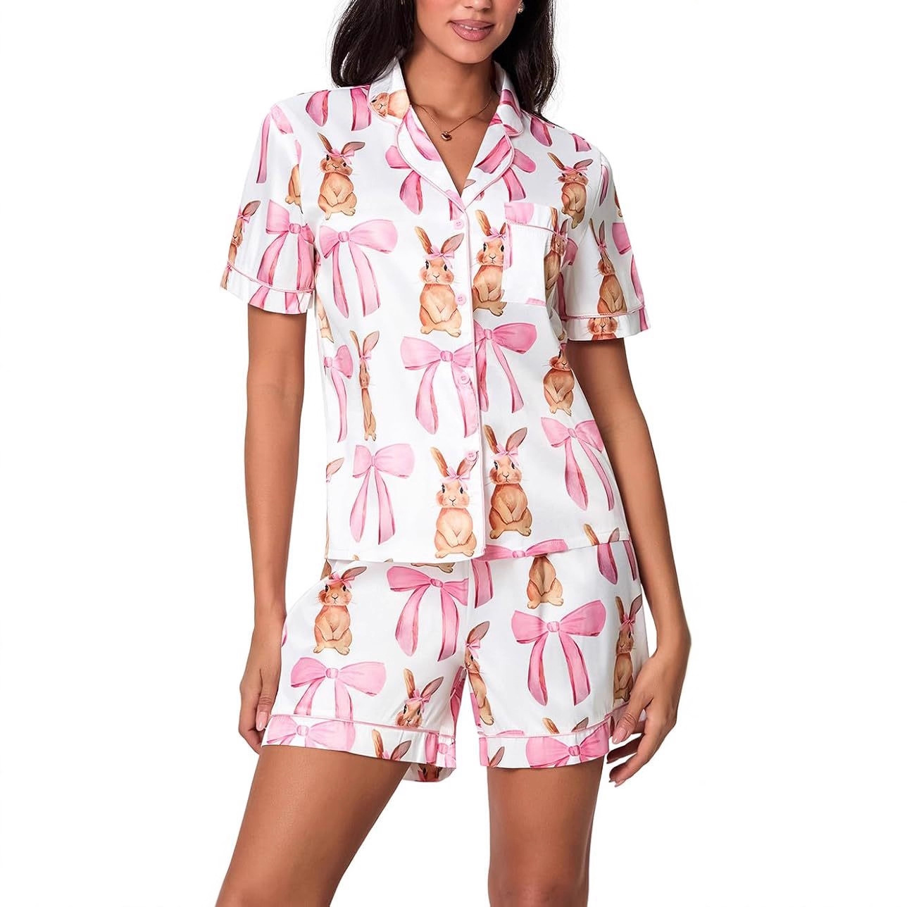 Women's Cuban Collar Rabbit Print Two-Piece Set with Ribbon