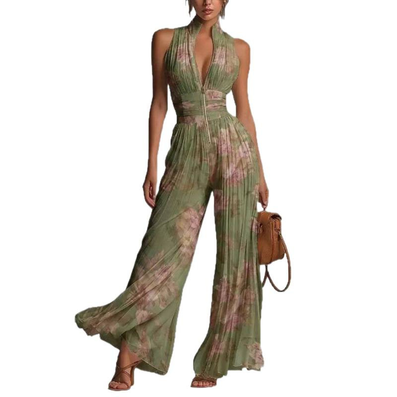 Women's Pleated Halter Wide-Leg Jumpsuit